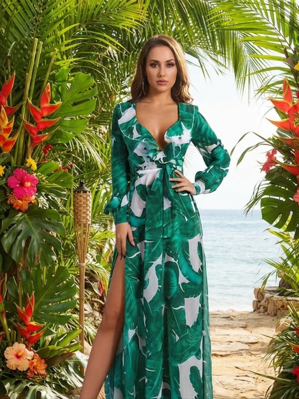 GREEN TROPICAL PRINT SPECIAL EVENT MAXI DRESS